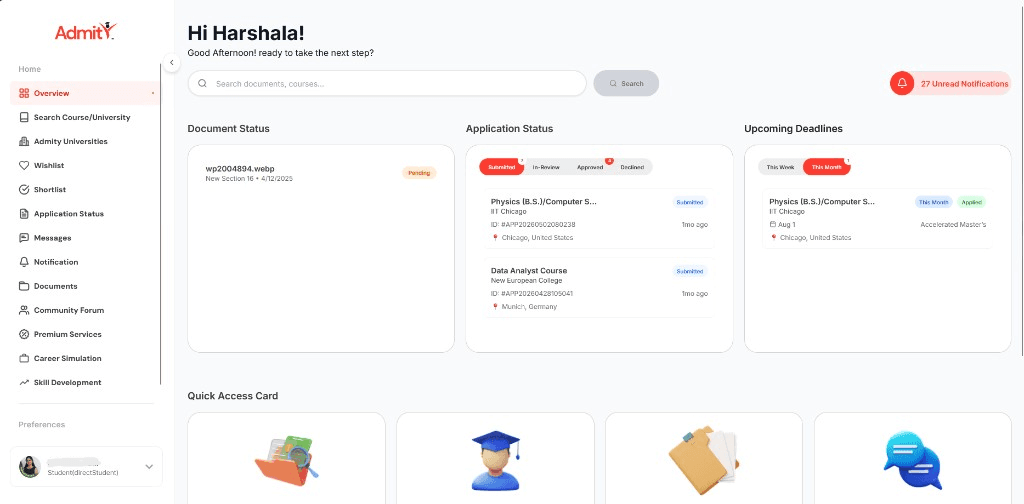 Admity student dashboard with application status, document status, and upcoming deadlines