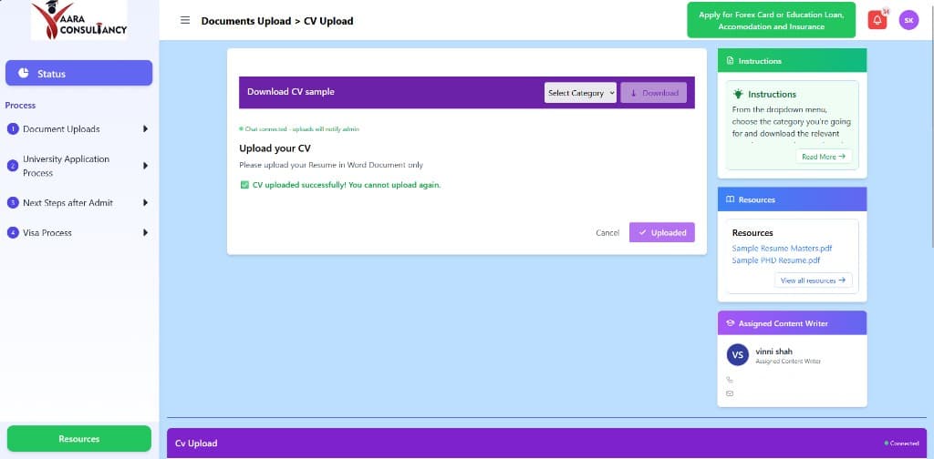 Aara Consultancy student document upload portal with CV upload, resources, and assigned content writer