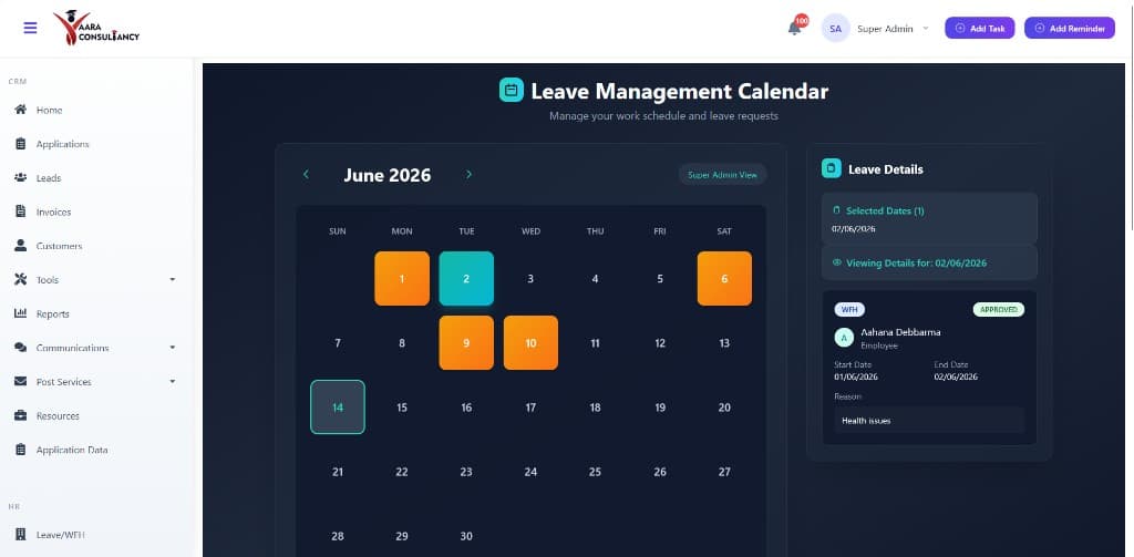 Aara Consultancy leave management calendar with WFH and leave entries, super admin view, and approval status details