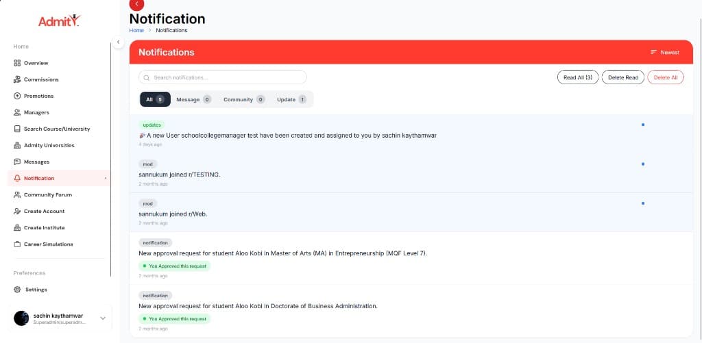 Admity super admin notification center with application approval requests and approved status tracking