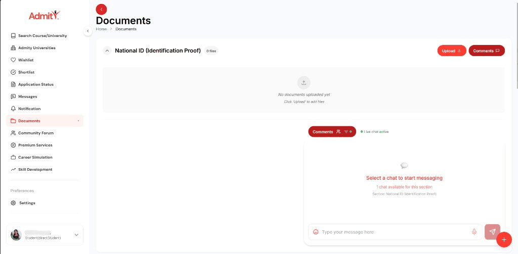 Admity student documents page with section-based uploads and live chat comments on identification proof