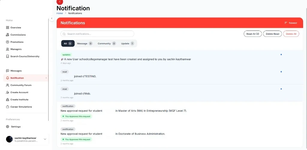 Super admin notification center with application approval requests and approved status tracking