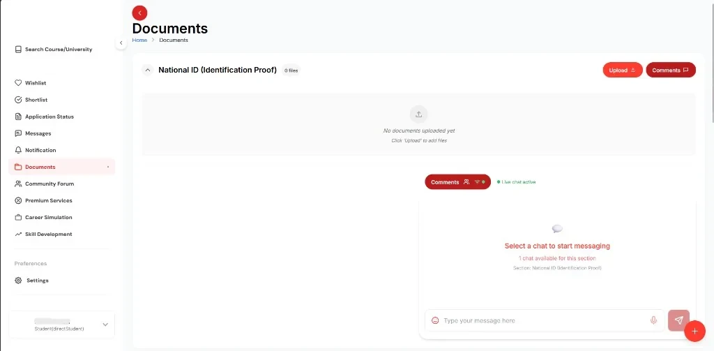 Student documents page with section-based uploads and live chat comments on identification proof