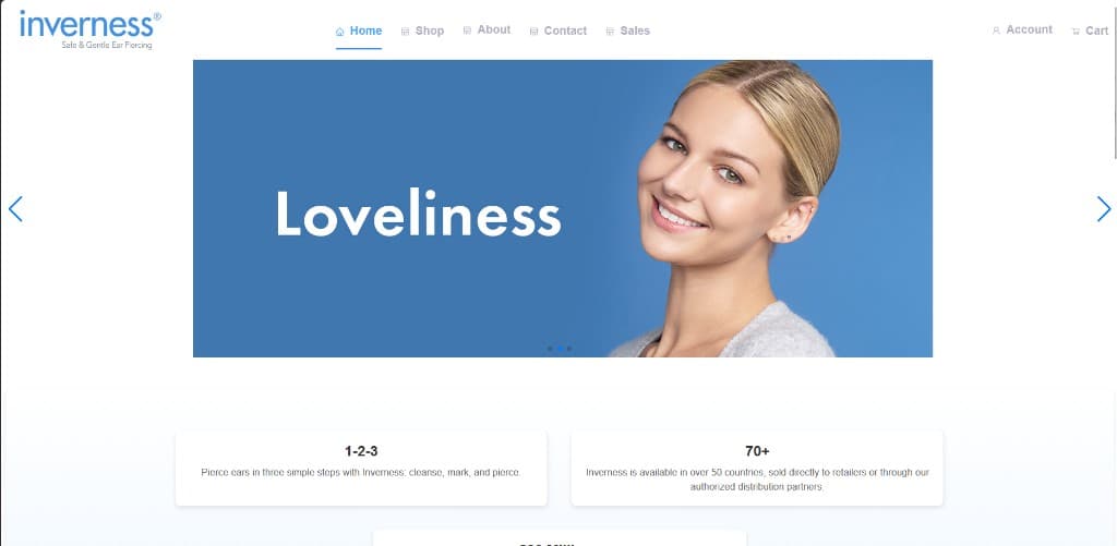Shop Inverness India homepage with hero carousel, navigation, and Safe & Gentle Ear Piercing branding