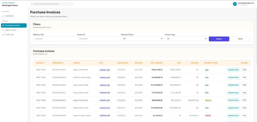 StackLogix Finance Manager purchase invoices with vendor filters, payment status, and invoice management